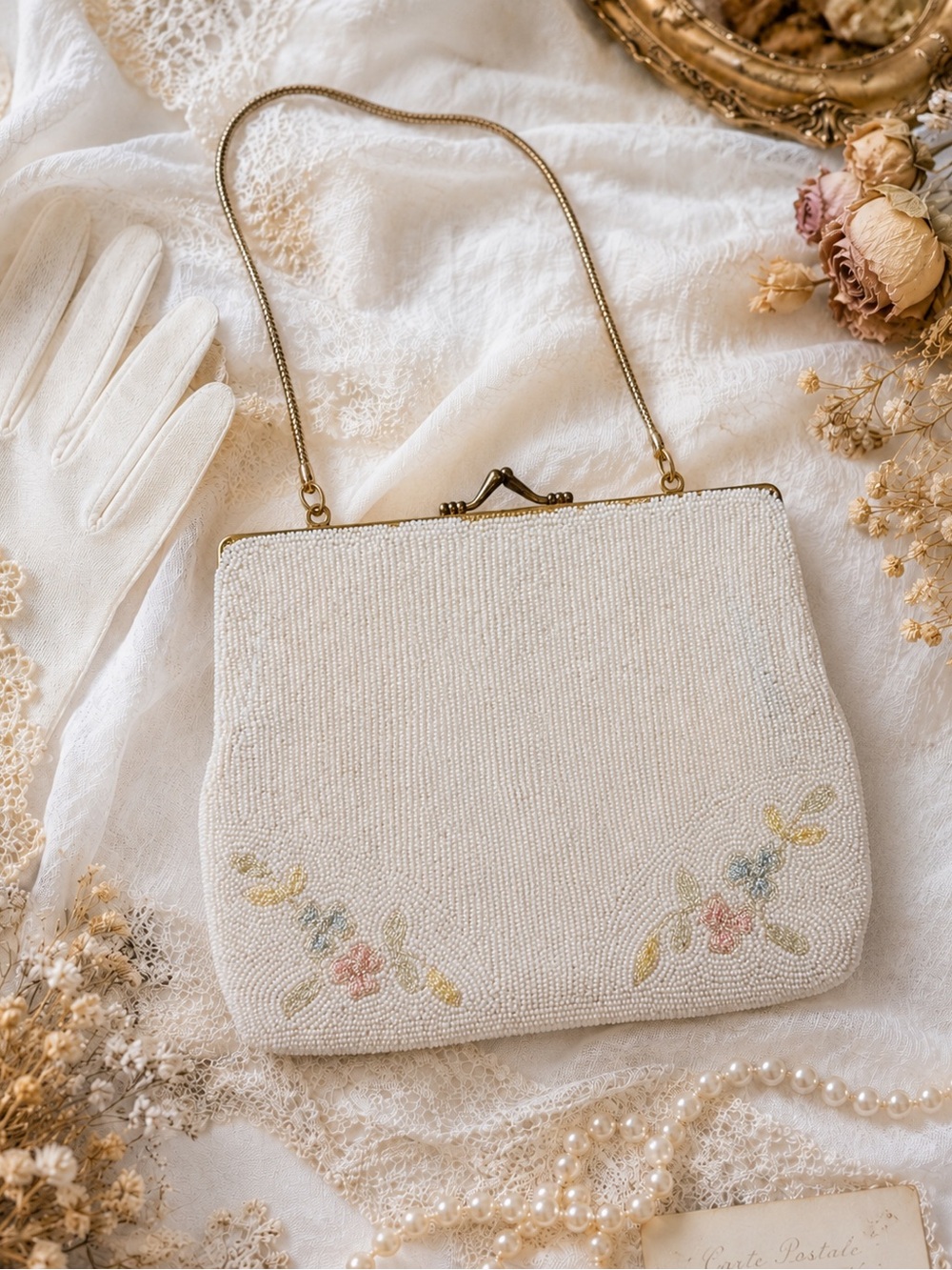 Walborg Made in Belgium Hand Beaded White Floral Evening Bag Vintage 1950s Purse